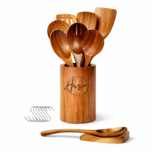 awsom crafts the signature 9pc wooden spoon set natural, non stick safe