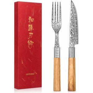 premium japanese style damascus steak knife & fork set – wooden handle